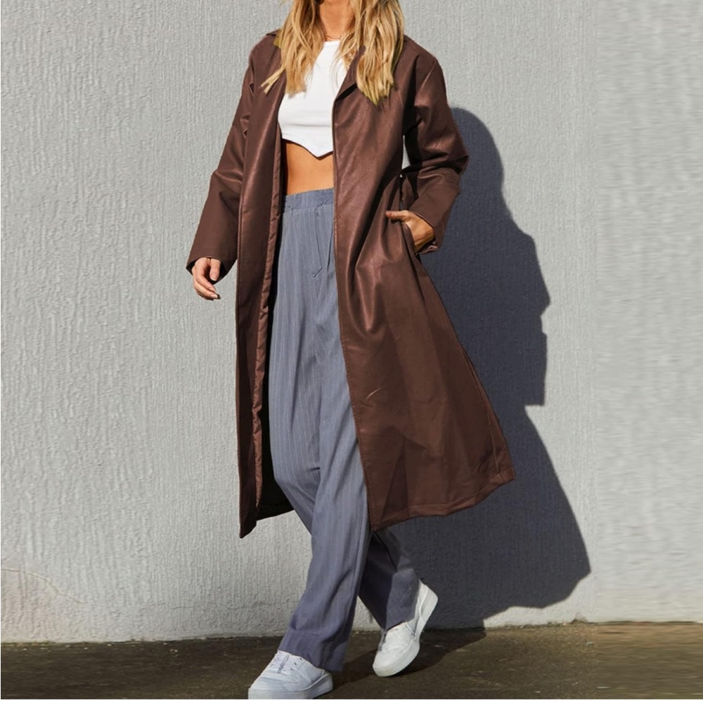 Women's Casual Lapel Open Front VEGAN Leather Long Trench Coat with Belt NWT